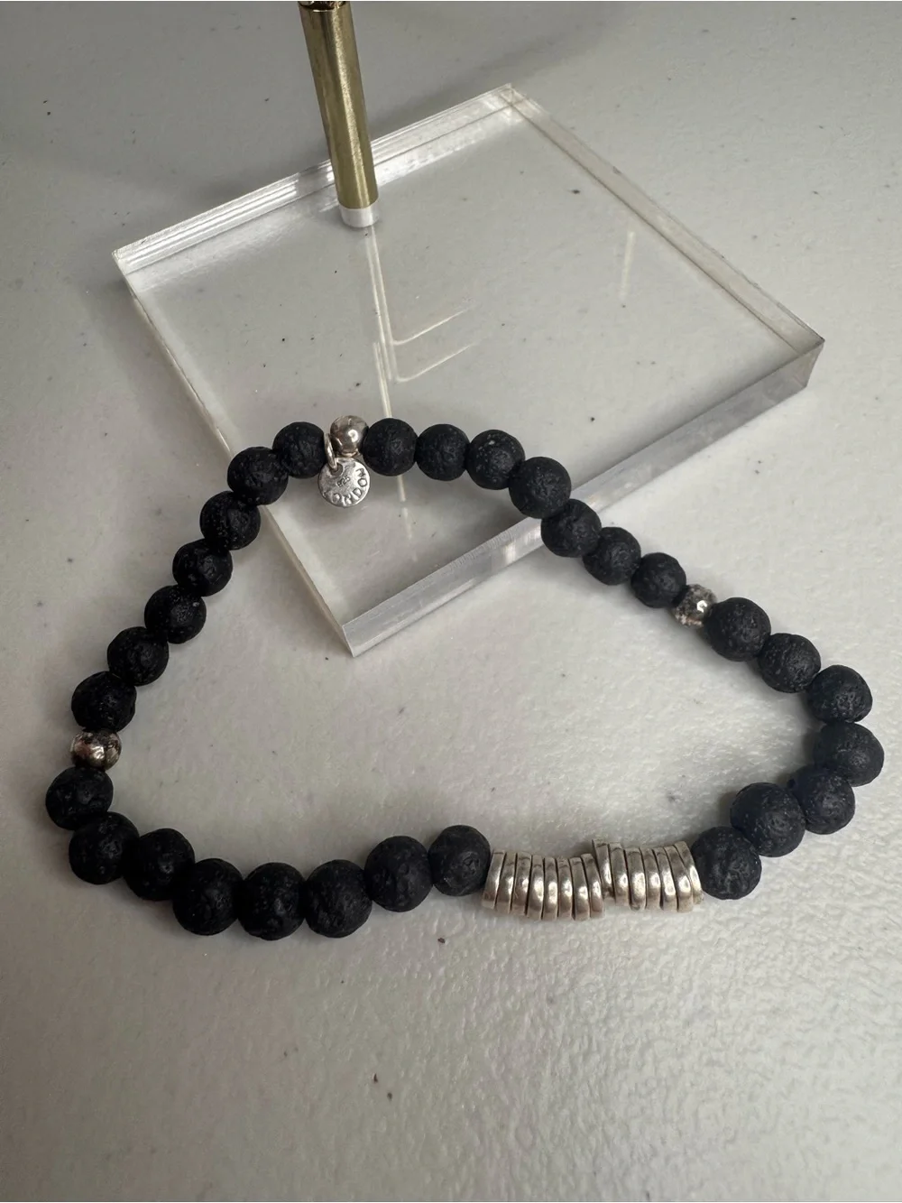Authentic Tateossian London Lava Stone Beaded Bracelet Sterling Silver 925